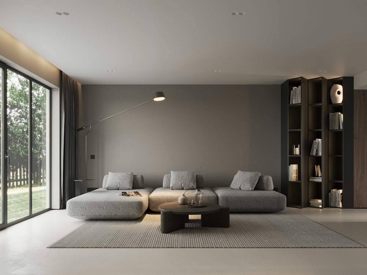A living room with a large window and low table